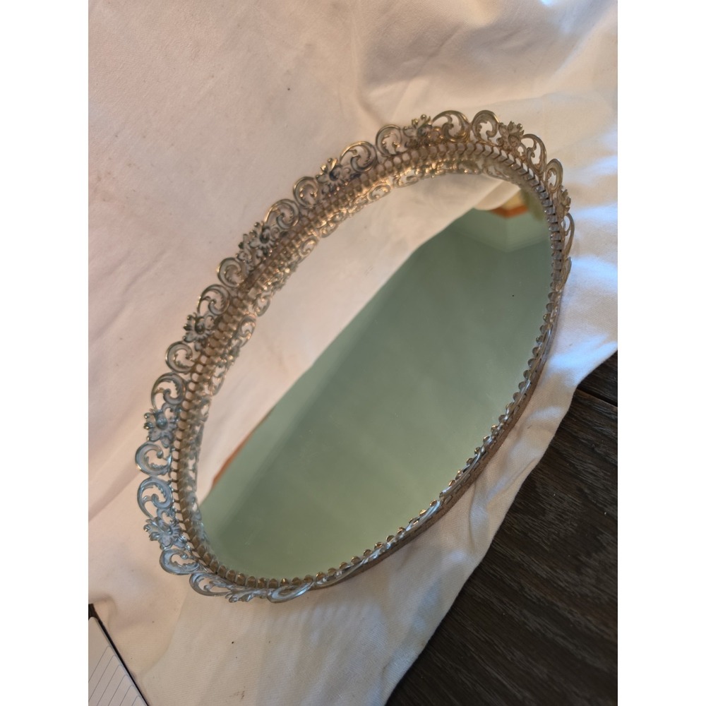 Vtg 1960's Vanity Mirror Gold/Silver Tone Floral Footed Filigree Oval Tray 13X9